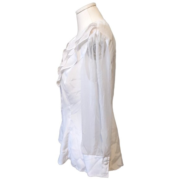 Vintage 80s White Blouse Ruffle Collar Sheer Sleeve Button Up Shoulder Pads Sz L - Picture 6 of 9